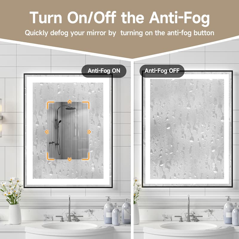 Black LED Bathroom Mirror with Tempered Glass, Anti-Fog, Dimmable - 36" W x 28" H