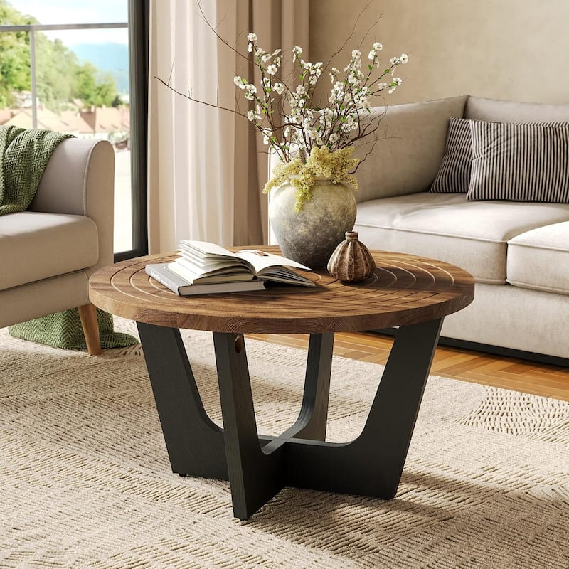 31.5" Round Solid Wood Coffee/Center/TeaTable with Ring Groove, Living Room, Small Space, Brown & Black - Brown & Black