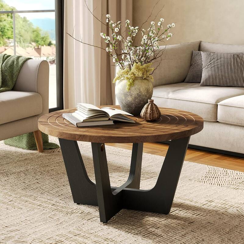 31.5" Round Solid Wood Coffee Table with Ring Groove, Living Room, Small Space, Brown & Black
