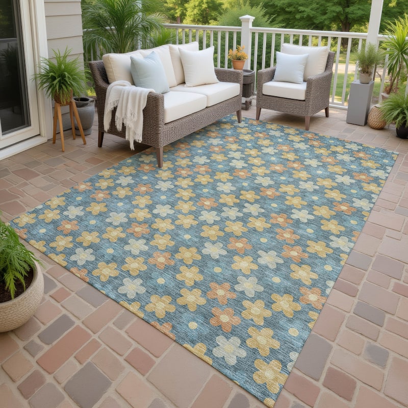 Machine Washable Indoor/ Outdoor Floral Kechi Chantille Rug - Teal - 9' x 12'