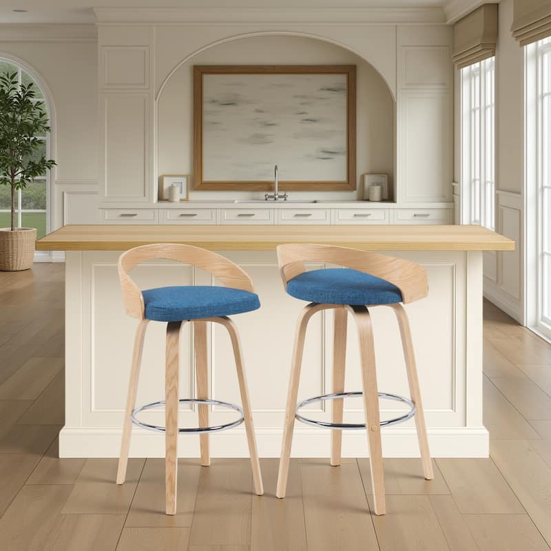 Carson Carrington Solavagen Mid-Century Modern Swivel Counter or Bar Stool - Blue Fabric & Oak - Bar Height - Set of 2