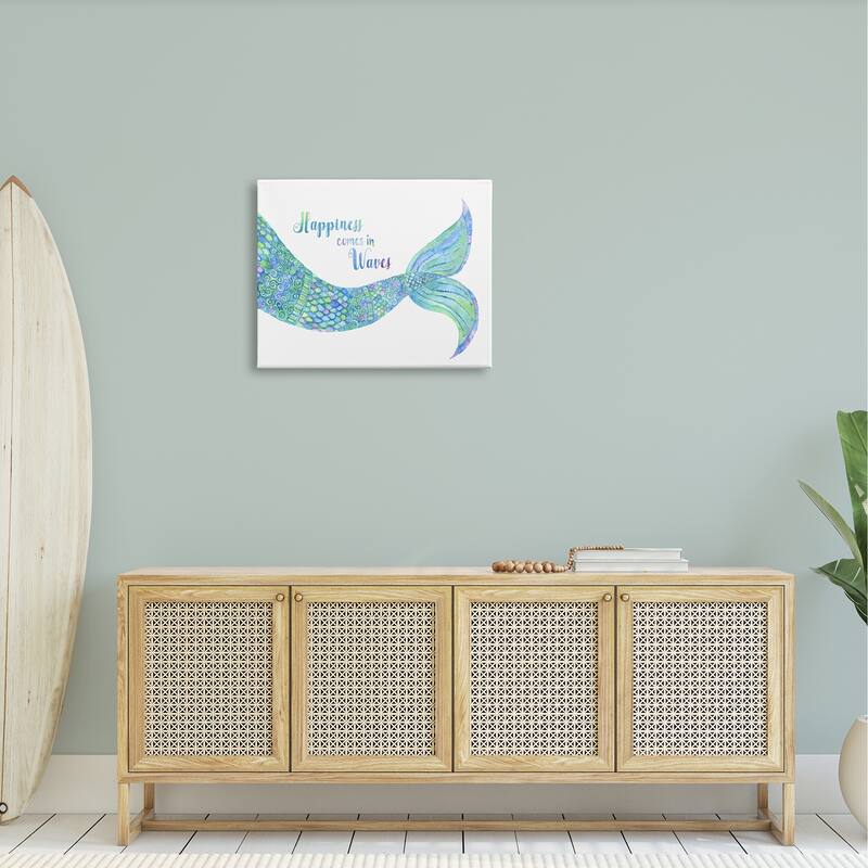 Stupell Happiness Comes in Waves Detailed Mermaid Tail Sentiment Canvas Wall Art, Design by Jackie Decker