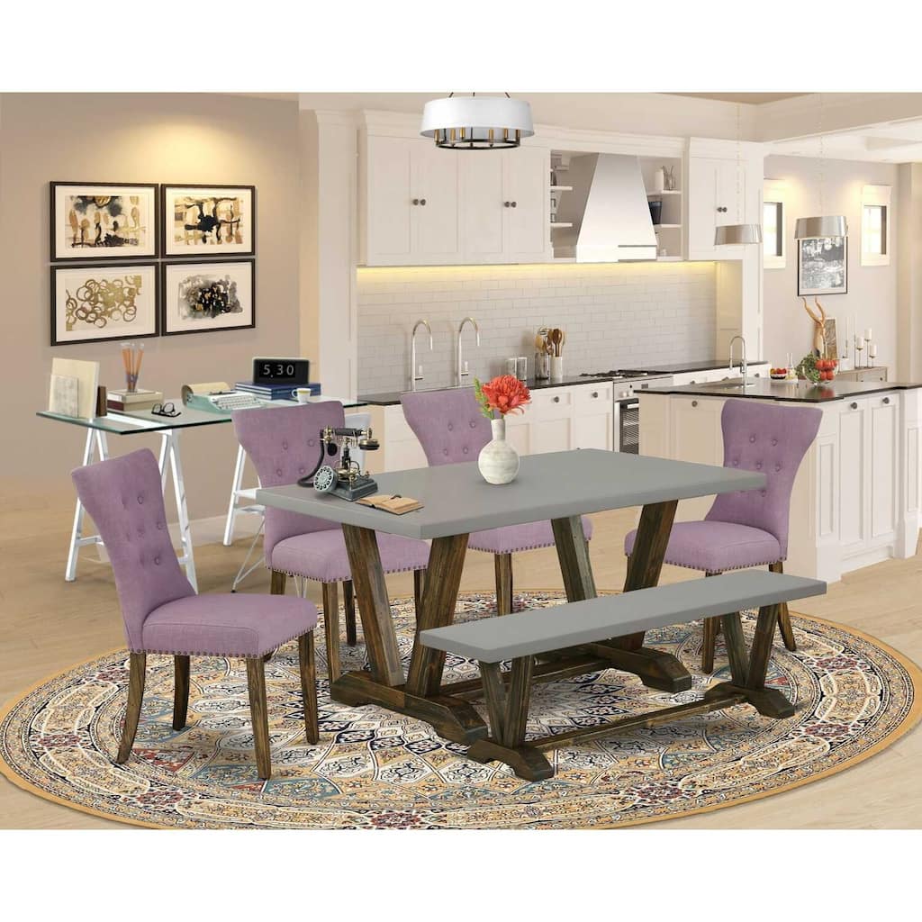HomeStock 6-Pc Rectangle Distressed Jacobean Finish Solid Wood Top Dining Table with 1-Bench, 4-Chairs