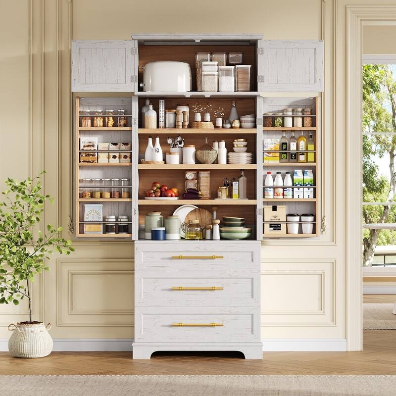 Farmhouse 78.2" Kitchen Pantry Cabinet with 4 Doors, 3 Adjustable Shelves and 3 Drawers