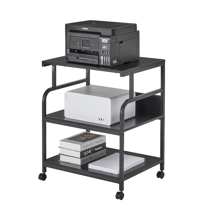 Javlergo 3-Tier Rolling Printer Stand with Locking Wheels Charging Station & AC/USB Outlets Mobile Office Storage Cart