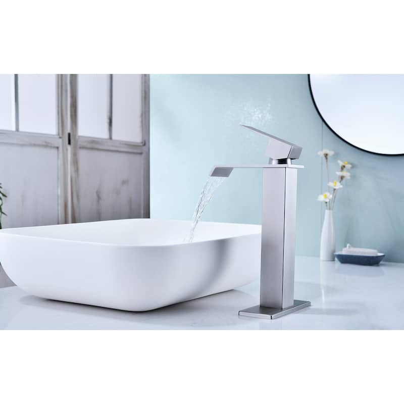 Waterfall Bathroom Sink Single Handle Faucet with Pop Up Drain, No Overflow, Corrosion and Rust Resistant
