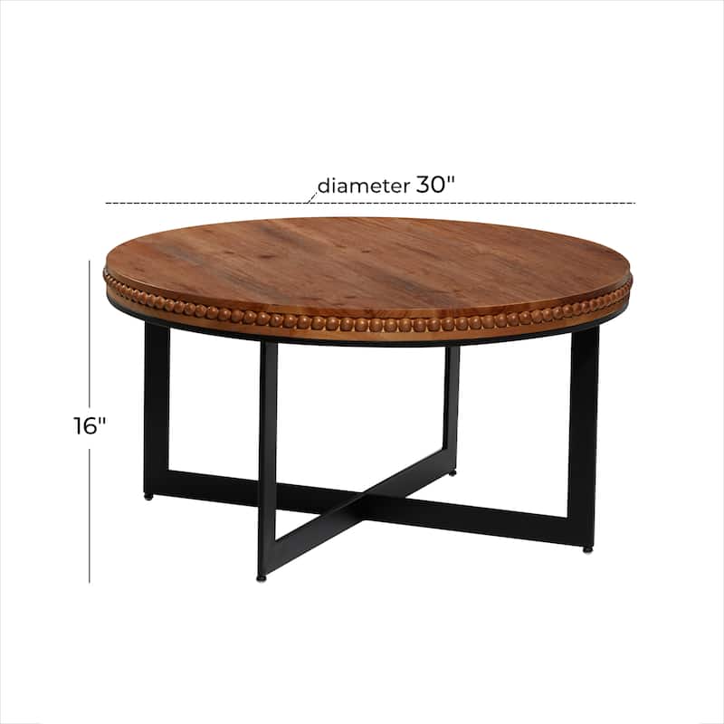 Wood Beaded Coffee Table with Metal X-Shaped Base - Brown - Roche River Decor - 30"Wx30"Lx16"H