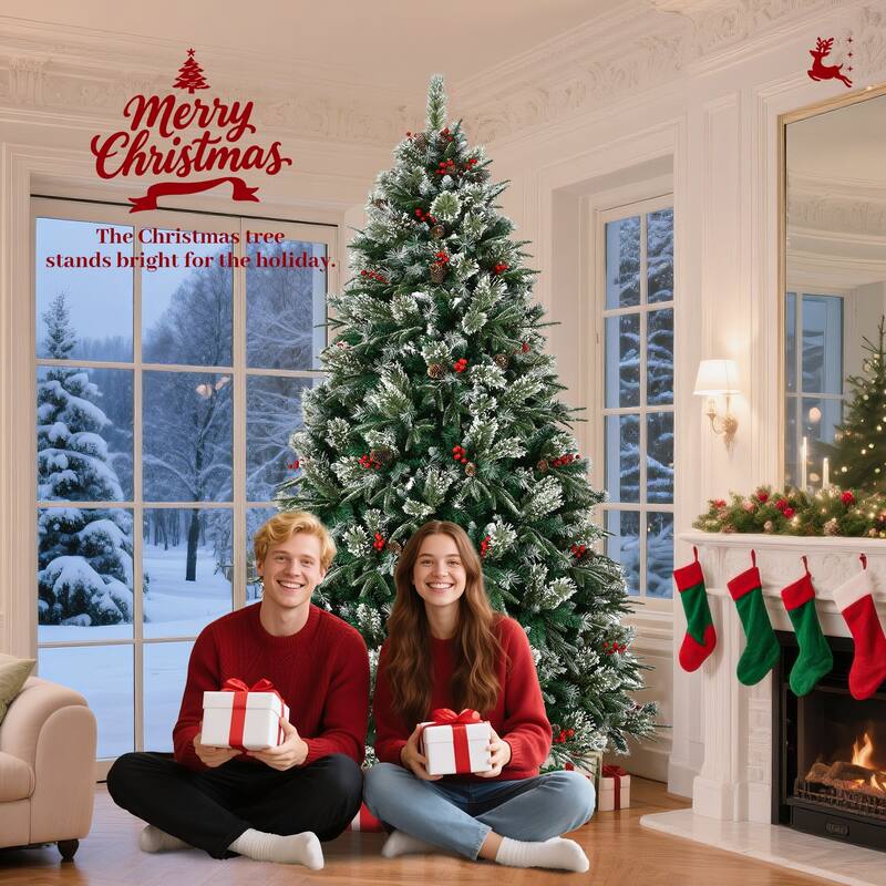 8ft Snow Frosted Christmas Tree,Pre-Decorated Christmas Tree with Pinecones & Berries Metal Stand - N/A