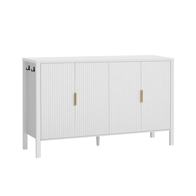 Modern 57.5" Fluted Door 4-Door Sideboard with Side Hooks and Adjustable Shelves