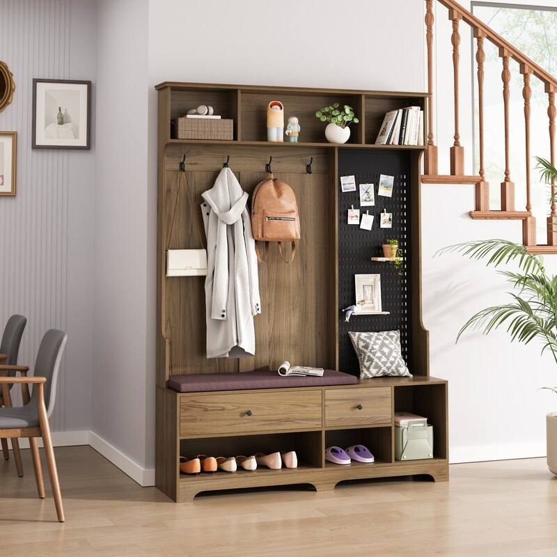 Hallway Hall Tree with Removable Cushioned Bench, Coat Rack, Storage Shelves