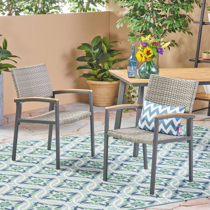 Roomfitters Outdoor Wicker Chairs with Metal Frame and Wood Armrests, Stackable Design, Set of 2, Grey