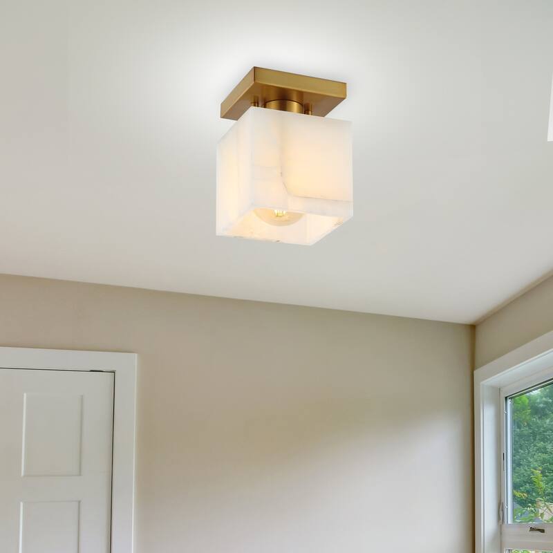 Chiara 5" 1-Light Modern Contemporary Alabaster/Iron Cube LED Semi Flush Mount, White Marbling/Brass Gold by JONATHAN Y