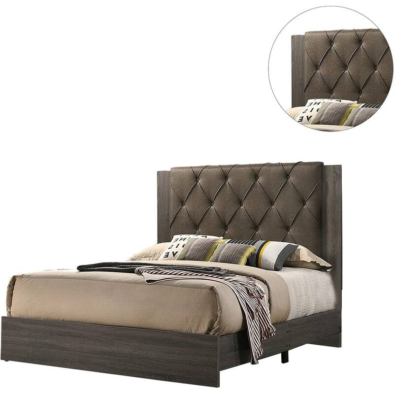 Queen Size Tufted Headboard Bed Frame in Gray Finish with Rubberwood Design