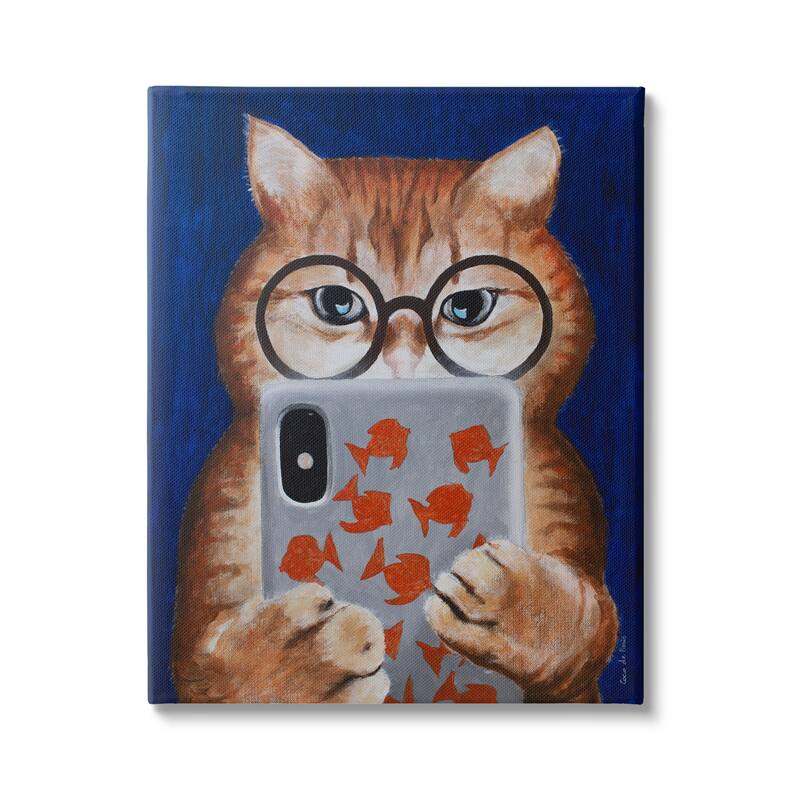 Stupell Funny Cat Using Phone Texting Wearing Glasses Illustration Canvas Wall Art - 24 x 30