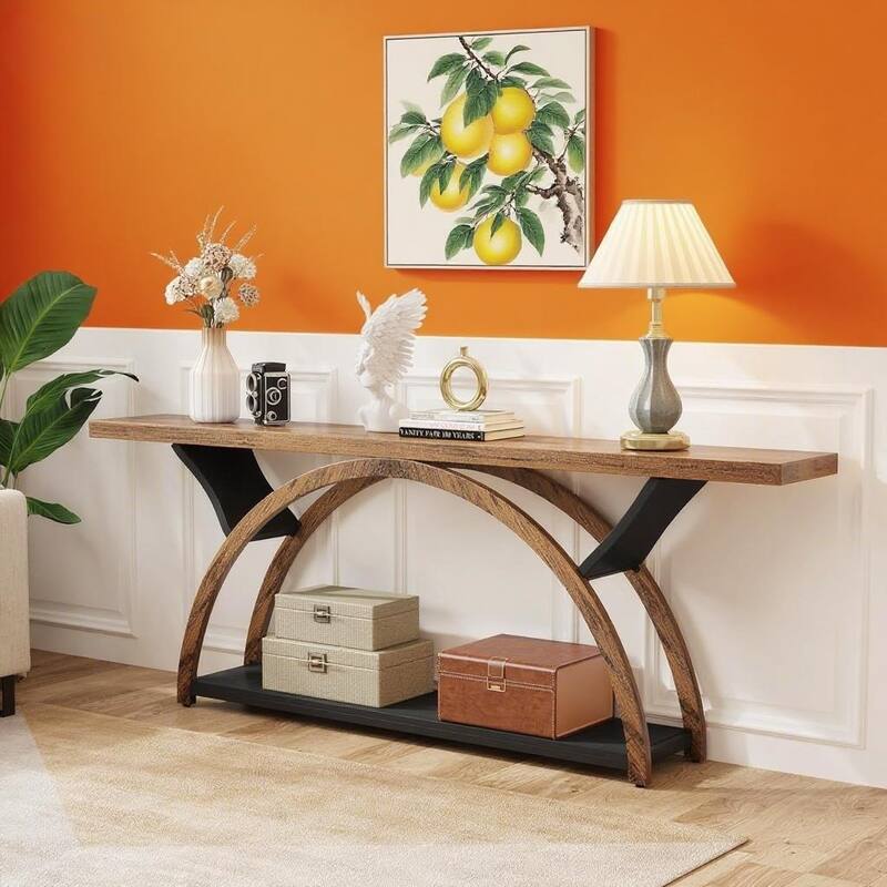 Farmhouse Industrial Console Table with Curved Base 2 Tier Wood Grain Top Metal Frame Entryway Hallway Sofa Table