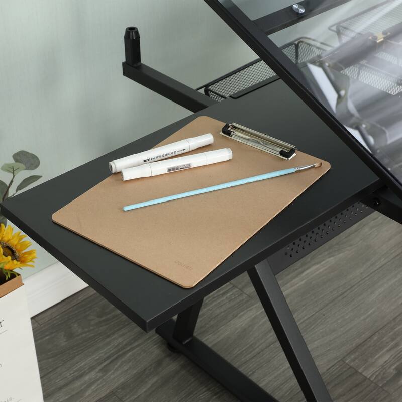 Drafting Table, 0-75° Adjustable Glass Top Artist Table, Height Adjustable Drafting Desk with Large Storage for Painting
