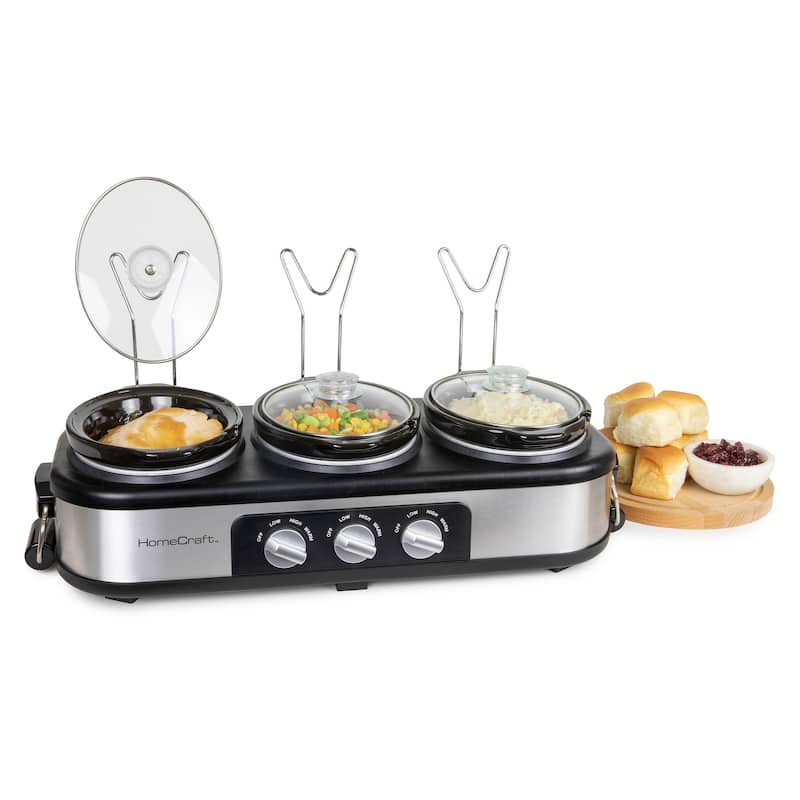 HomeCraft 3-Station 1.5-Quart Oval Slow Cooker Buffet, Stainless Steel