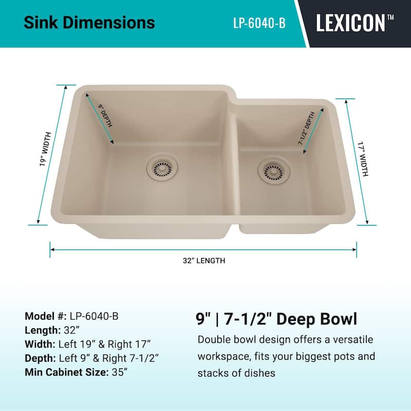 32"x19" Quartz Granite Kitchen Sink, 60/40 Double Bowl Drop-in/Undermount - 19x32