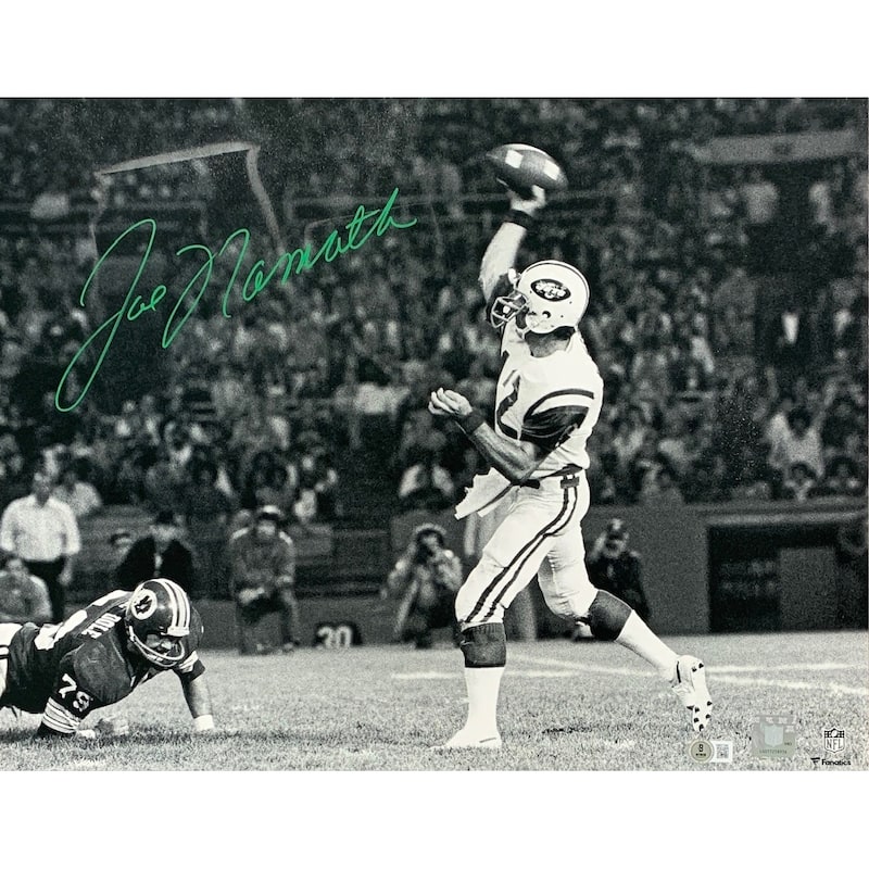 Joe Namath Autographed New York Jets Signed Football 16x20 Photo Beckett COA Damaged - 8'6" x 11'6"
