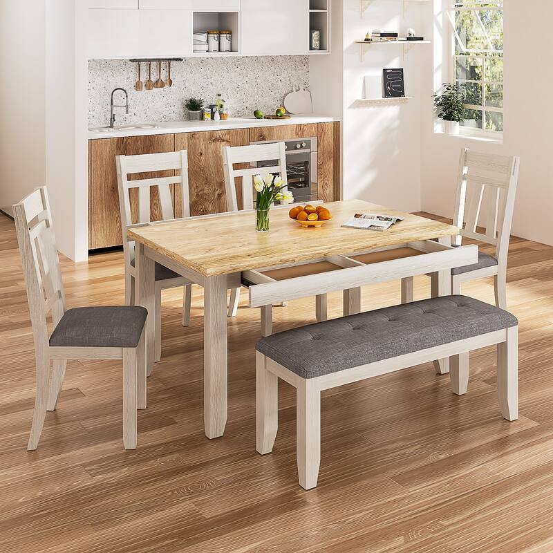 Javlergo 6 Piece Dining Table Set with Bench, Solid Wood Kitchen Table Set with 4 Upholstered Chairs and Bench for Kitchen - 7-Piece Sets