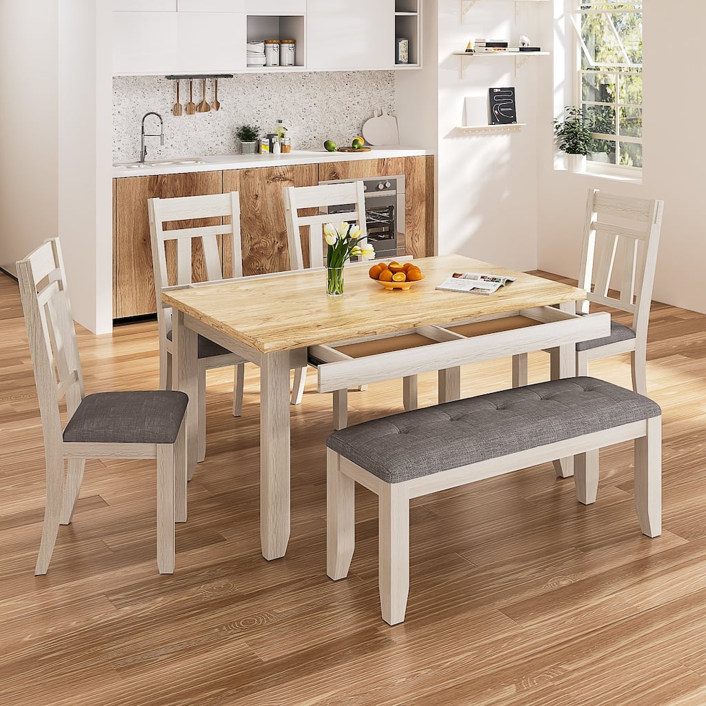 Javlergo 6 Piece Dining Table Set with Bench, Solid Wood Kitchen Table Set with 4 Upholstered Chairs and Bench for Kitchen