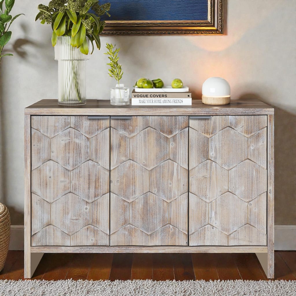 Farmhouse Accent Cabinet with Storage, 3 Door Wooden Sideboard Buffet with Adjustable Shelves, Natural Wood Wash
