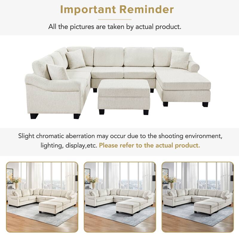 111.8" U-Shaped Chenille Sectional Sofa with Movable Storage Ottoman, Roll Arms and Accent Pillows for Living Room