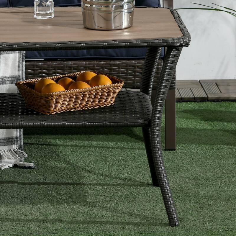 Patio PE Rattan Coffee Table with Storage Shelf, Outdoor 2-Layer Side Table with Wood-plastic Composite Top