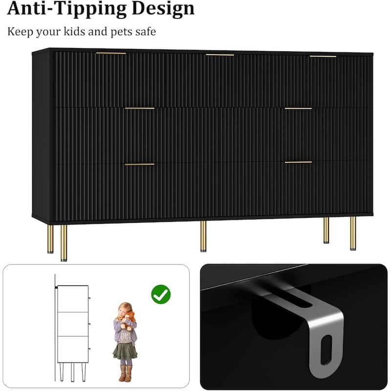 7 Drawer Dresser for Bedroom, Fluted Chest with Gold Handle, Wood Organizer for Closet, Living Room, Hallway