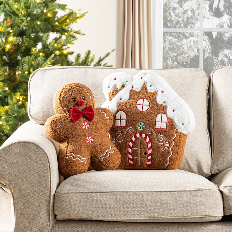 Glitzhome Set of 2 Christmas Gingerbread Man and House Shaped Throw Pillows
