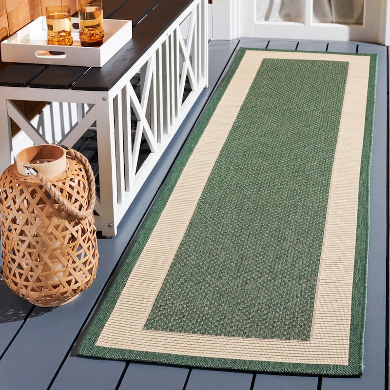 SAFAVIEH Courtyard Sherrie Border Indoor/ Outdoor Waterproof Patio Backyard Rug - 2'3" x 8' Runner - Dark Green/Beige