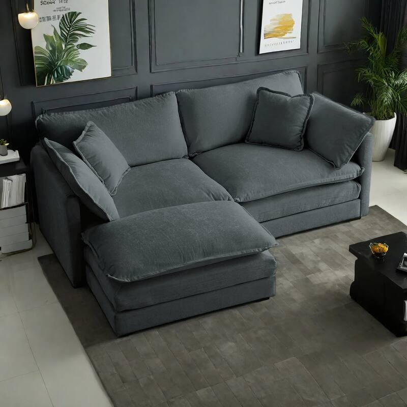 3-Piece Modular Chenille Upholstered L-Shaped Sectional Sofa with Ottoman - Gray