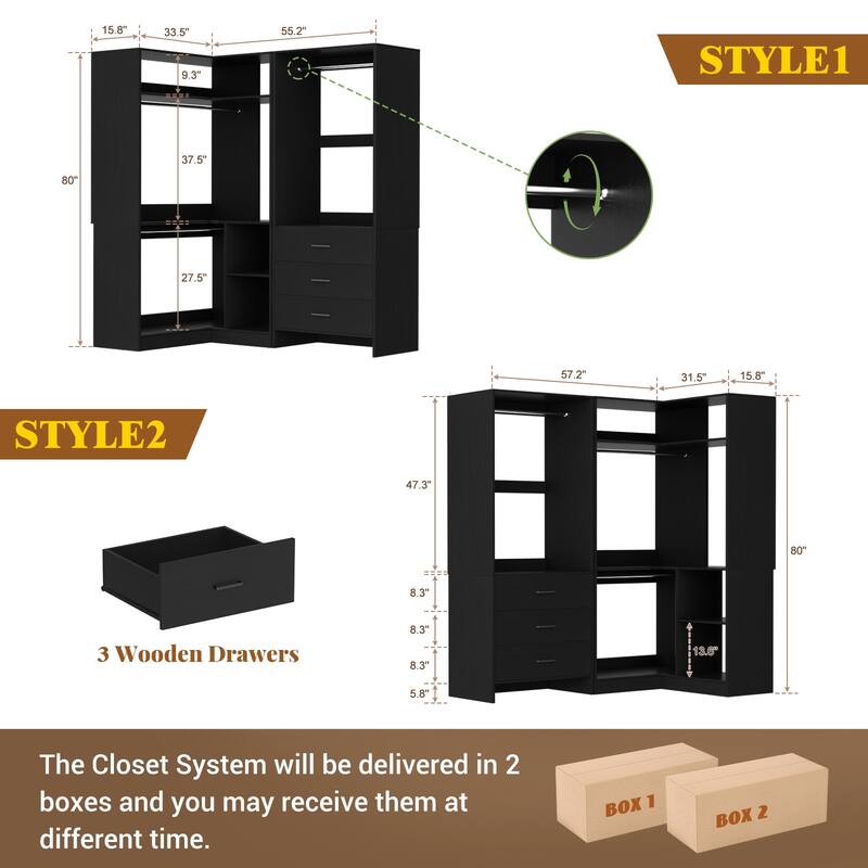 Set of 2 Freestanding Corner Closet Organizer with Drawers, Walk-in Closet System with Hanging Rods