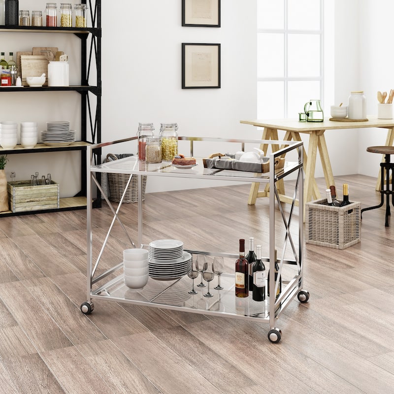 Modern Two-Tier Bar Cart with Tempered Glass, Industrial Metal Frame, Open Art Deco Sides for Entertaining and Home Decor