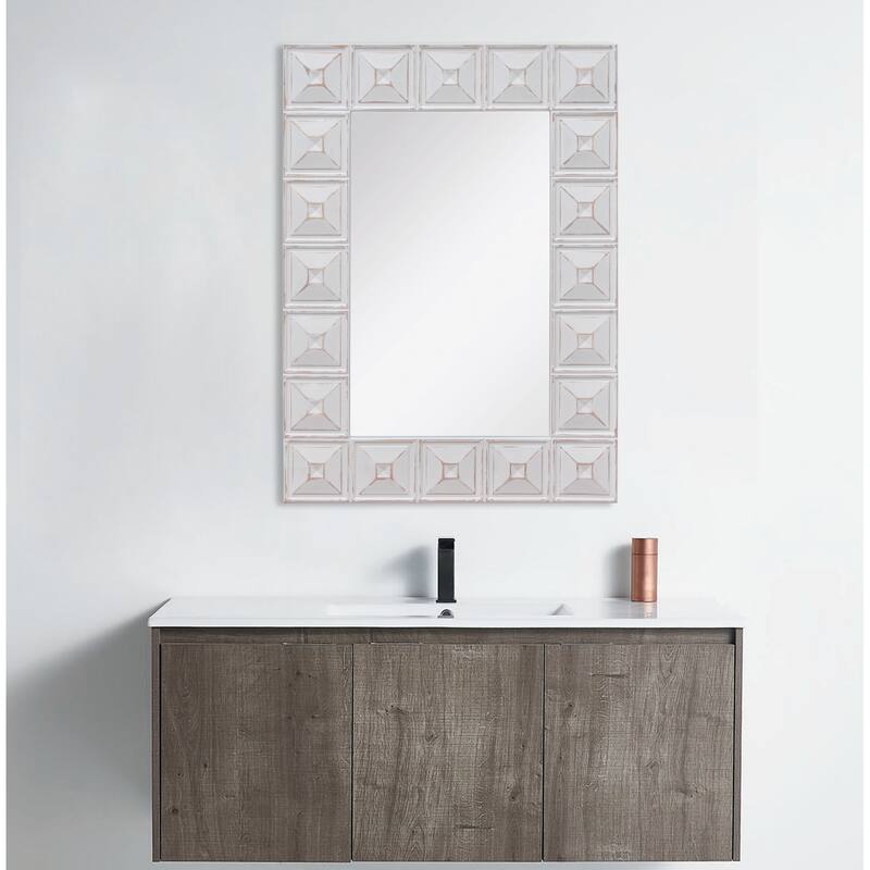 Rustic Whitewashed Rectangle Wood Block Frame Decorative Wall Mirror, 22.5 x 31.5 Inch