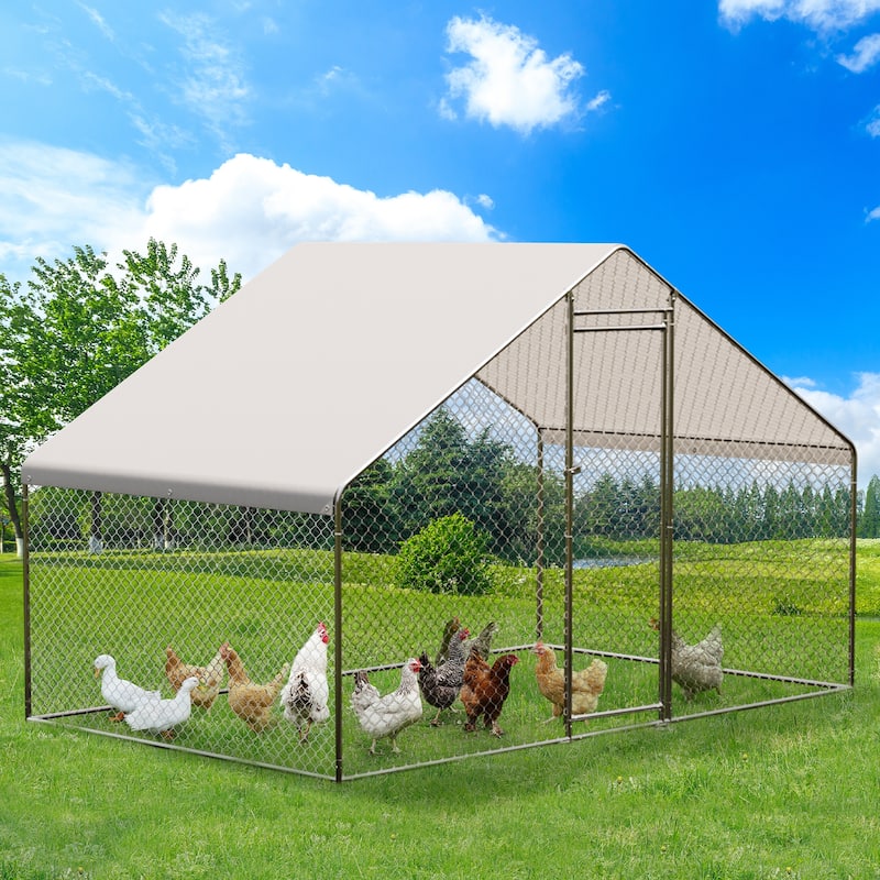 Large Chicken Coop Walk-in Poultry Cage with Waterproof & Anti-Ultraviolet Cover - 9.8' W x 6.5' L x 6.5' H