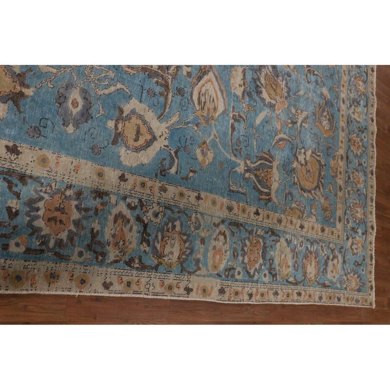 Light Blue Distressed Tabriz Persian Antique Rug Handmade Wool Carpet - 10'2" x 13'2"