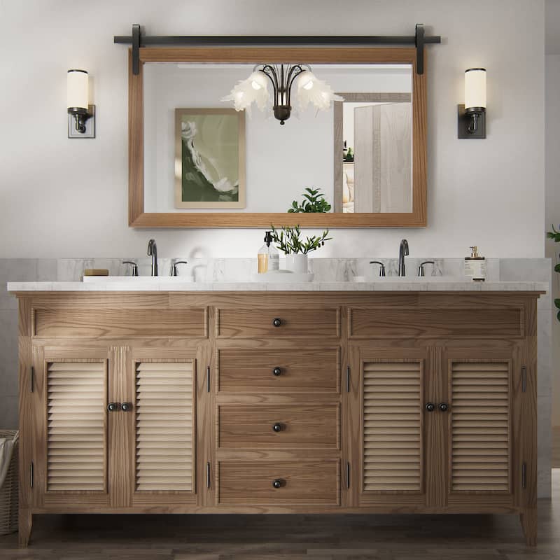 Farmhouse Rectangular Wood Frame Wall Mirror, Rustic Barn Door Bathroom Vanity Mirror