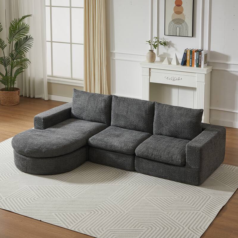 Curved Sectional Sofa with L-Shape Chaise, Chenille Upholstered Boneless Cloud Sofa, Modular 4 Seat Corner Sofa with Cushions