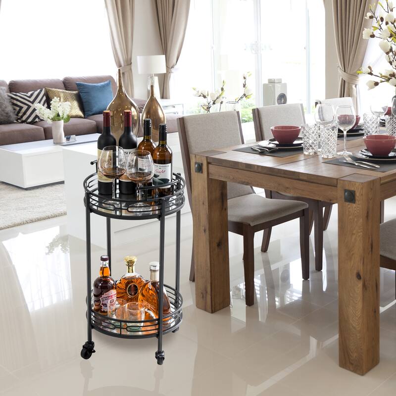 Glitzhome 30"H Deluxe 2-Tier Metal Round Mirrored Bar Cart