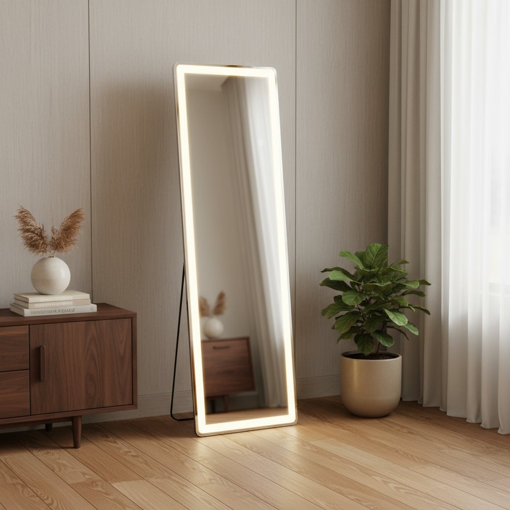 HomeRoots 60" Clear Lighted Freestanding and Wall Mount Frameless Full Length Mirror - 16.00 in. x 60.00 in. x 0.80 in.