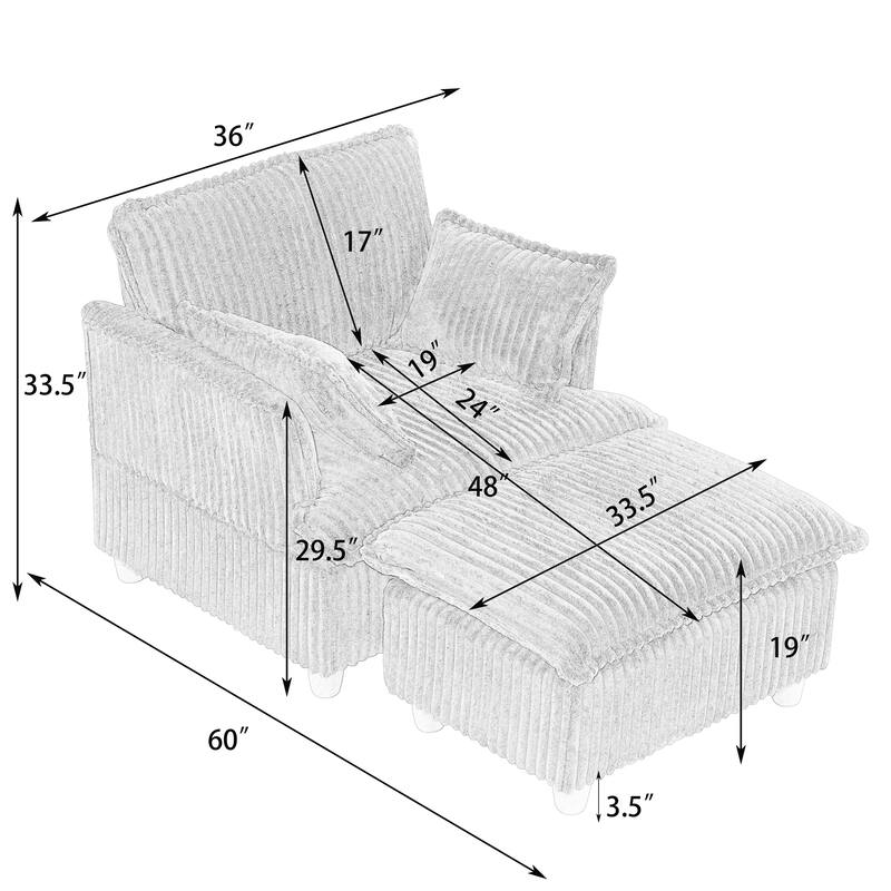Single-seat Beige Corduroy Sofa with Ottoman and Throw Pillows