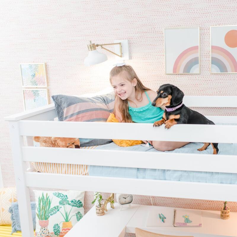 Max and Lily Twin Size High Loft Bed with Wraparound Desk and Shelves