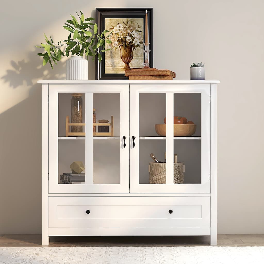 Buffet Storage Cabinet with Double Glass Doors Wooden Sideboard Cabinet with Unique Bell Handle for Dinning Room