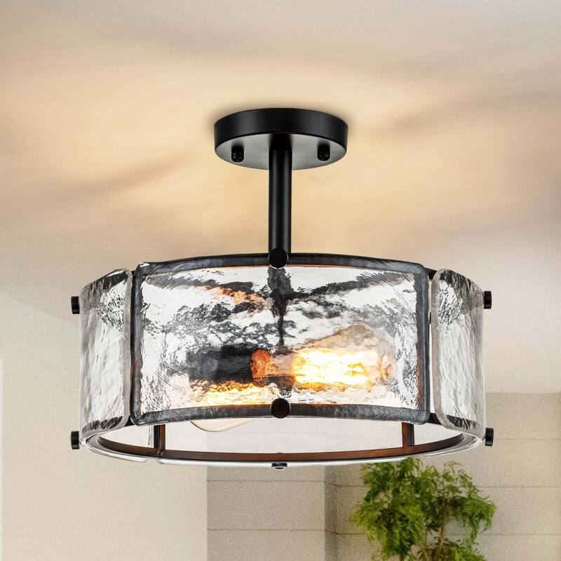 Starsky 2-Light 13in. Modern Caged Drum Semi Flush Mount with Textured Glass Shade - Black