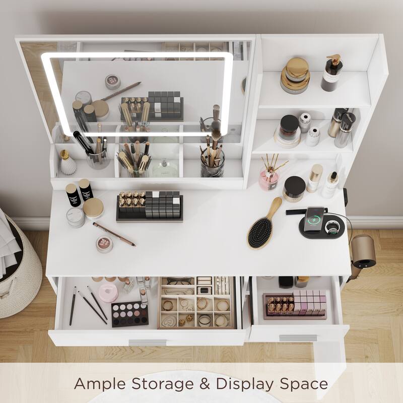 Makeup Vanity Set, Vanity Desk with Stool, LED Light Mirror and Charging Station
