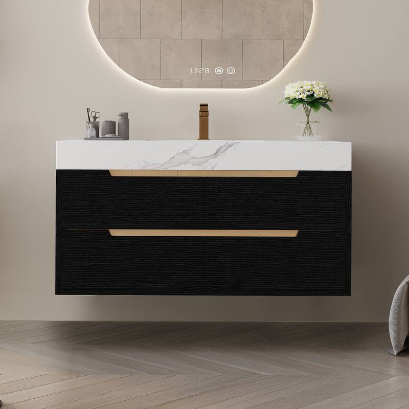 35.4" Modern Bathroom Vanity with Undermount Sink,Waterproof Multi-Layer Solid Wood,4 Drawers Storage,Free-Standing/Wall-Mounted