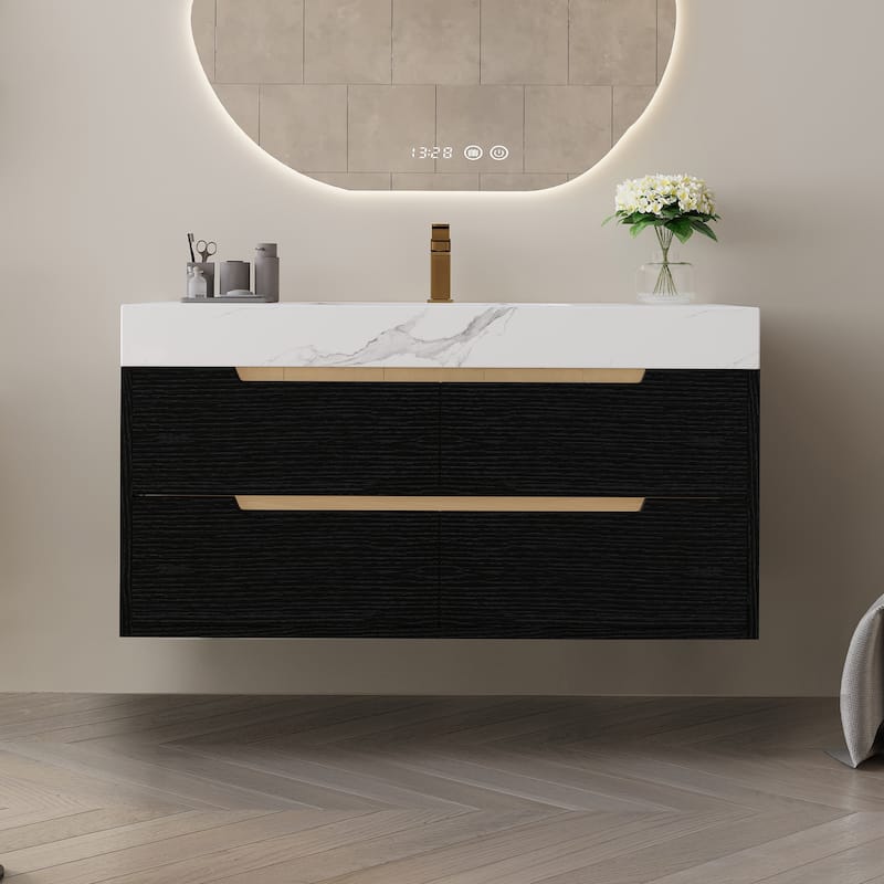 GDFStudio - Luxury 35.4" Versatile Floating/Freestanding Sintered Stone Bathroom Vanity with Ceramic Sink & Soft-Close Drawers
