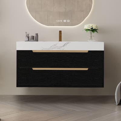 Modern Freestanding Bathroom Vanity with Ceramic Sink, 4 Drawers and Detachable Legs Convertible into Wall-Mounted Cabinet