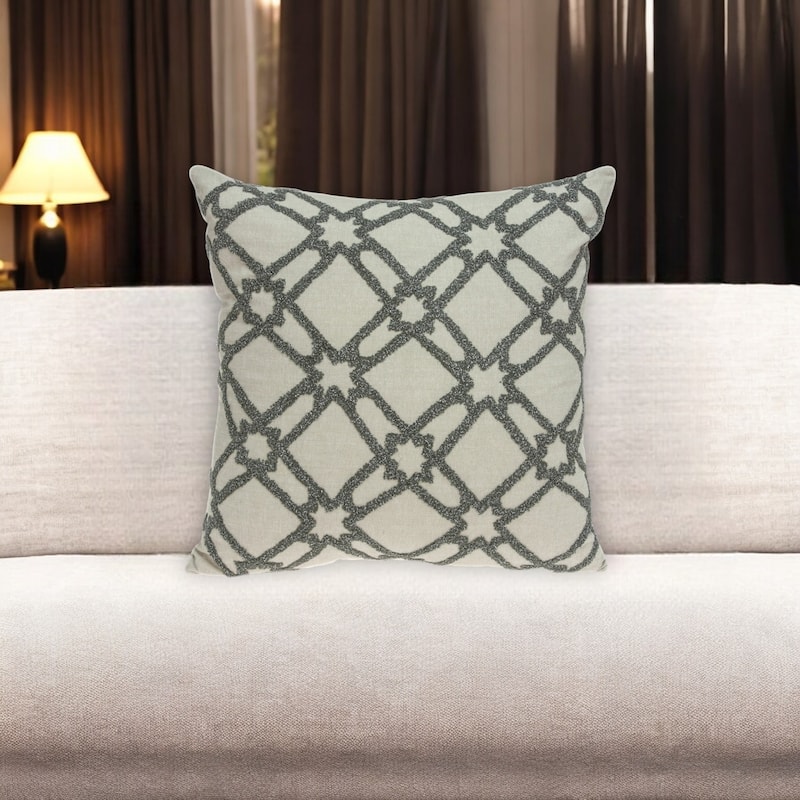 HomeRoots 20" Beige and Gray Diamond Cotton Throw Pillow With Embroidery - Accent - Polyester